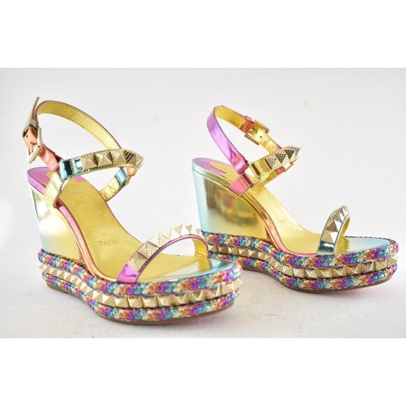 Christian Louboutin Pyraclou 110 Boreal Gold Multi Platform Wedge Sandal Heel 36 - Picture 4 of 15